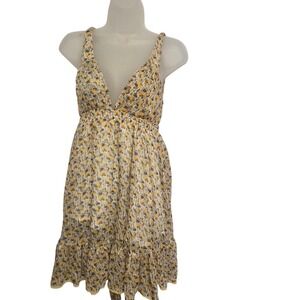 Uno Core Floral Mini Dress Yellow Blue White Ruffle V Neck Tie Waist